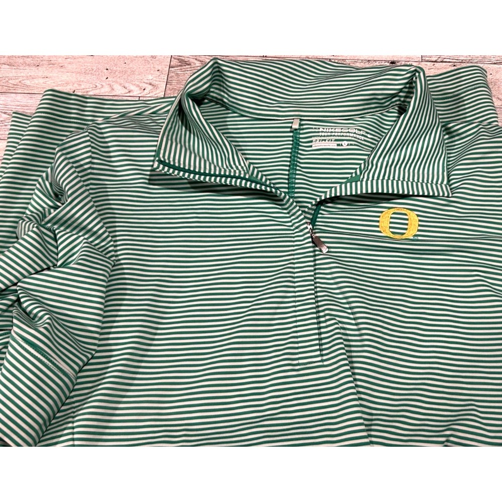 Womens Nike Dri Fit Quarter Zip Ruched Golf Short Sleeve green stripes Oregan LG